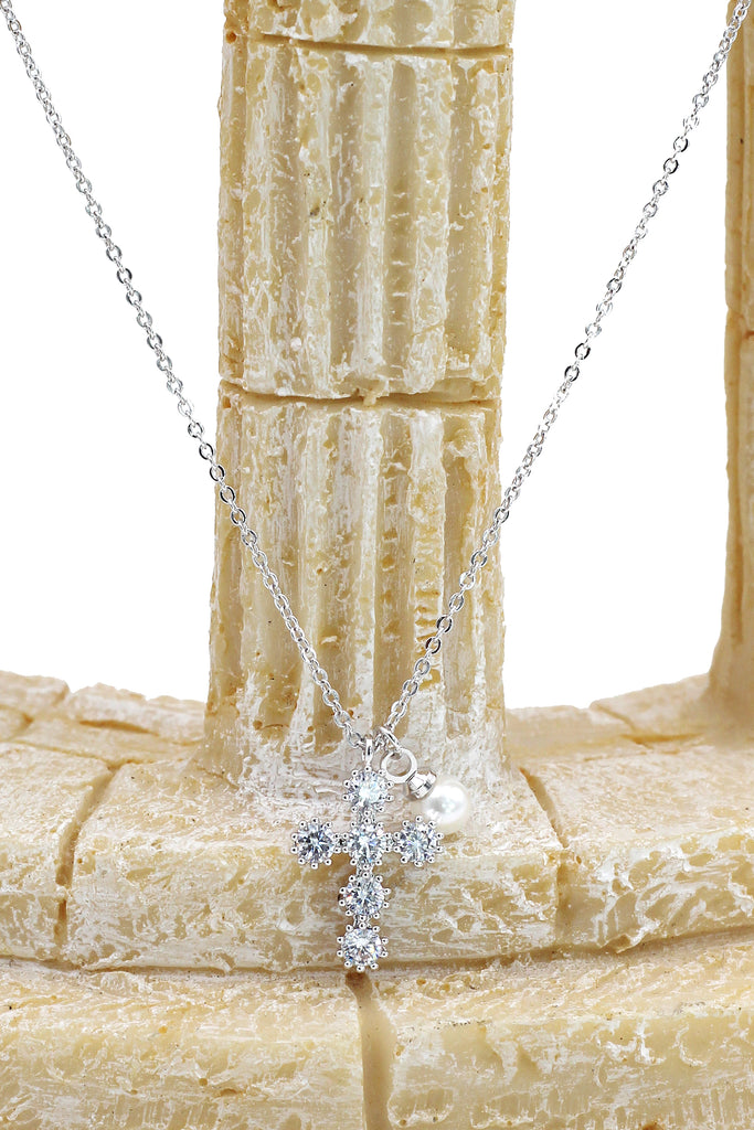 mini cross crystal pearl necklace earrings set