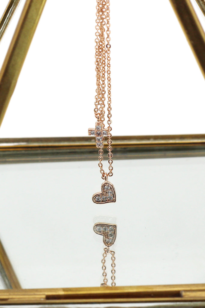 duplexes crystal mini cross heart necklace