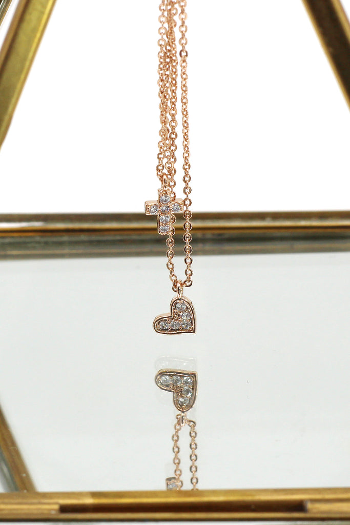 duplexes crystal mini cross heart necklace