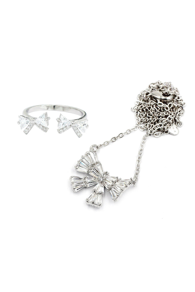 cute bow crystal ring necklace set