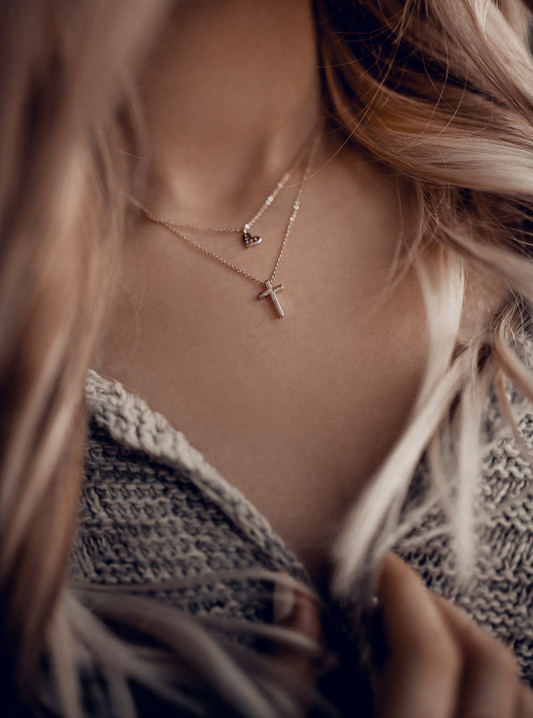 duplexes small crystal cross and heart necklace