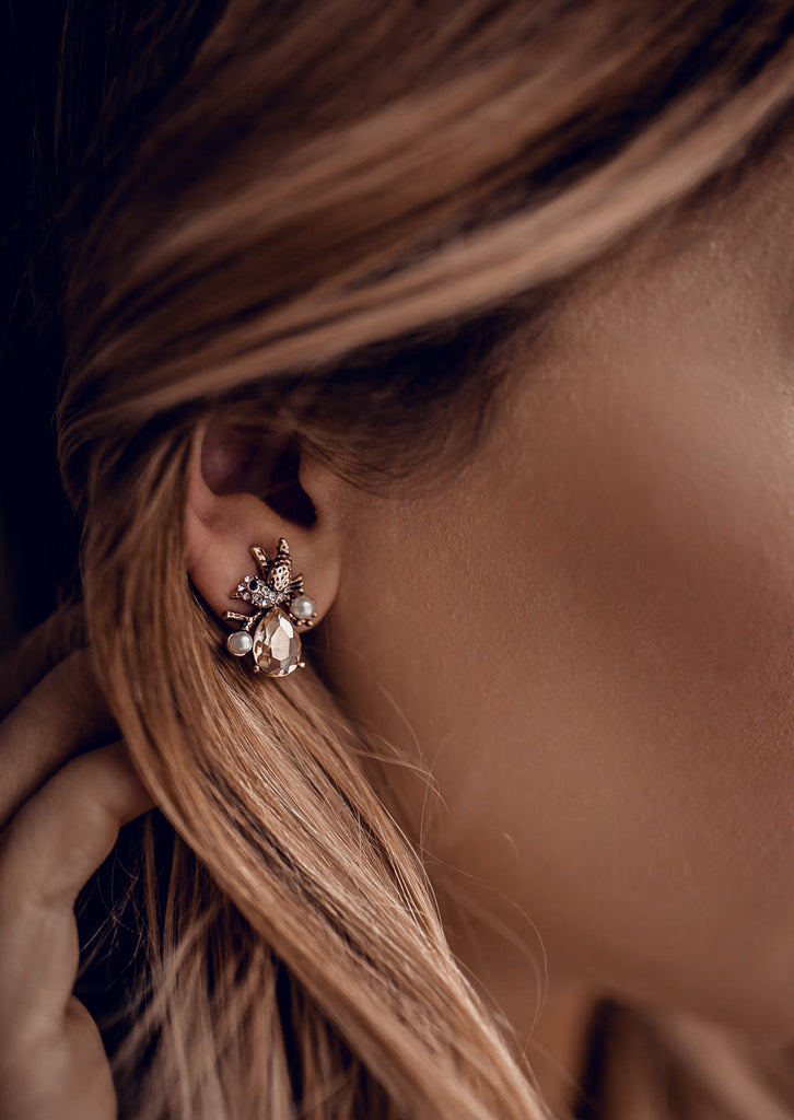 elegant crystal bird and flower gold earrings