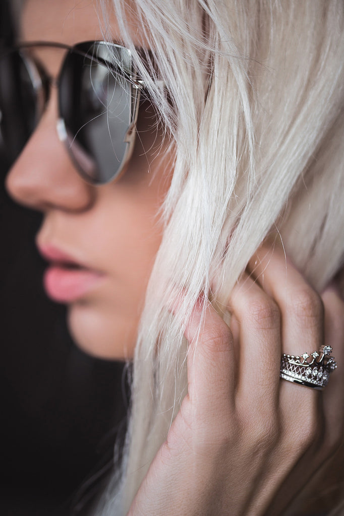 elegant crystal crown double silver ring