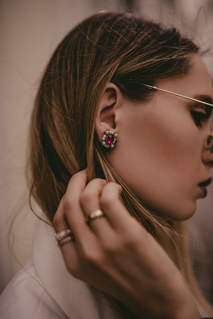 elegant colour crystal and pearl gold rim earrings