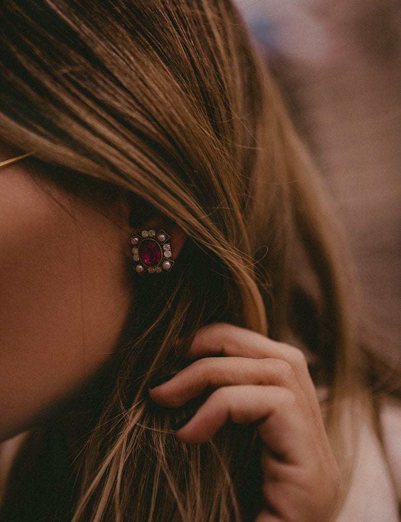 elegant colour crystal and pearl gold rim earrings