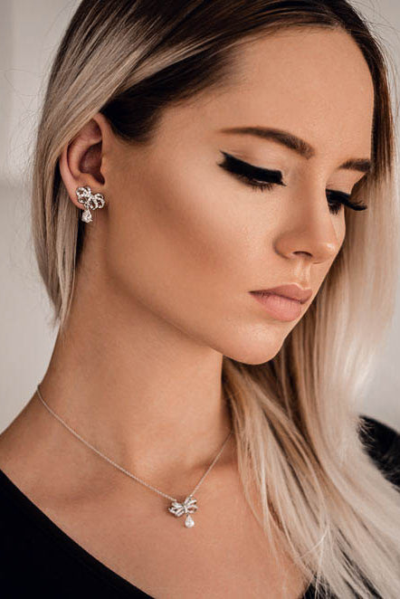 noble bowknot crystal pendant necklace earrings set