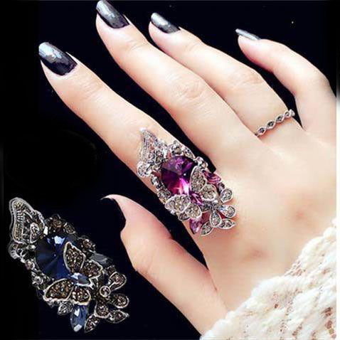 elegant crystal butterfly and flower ring