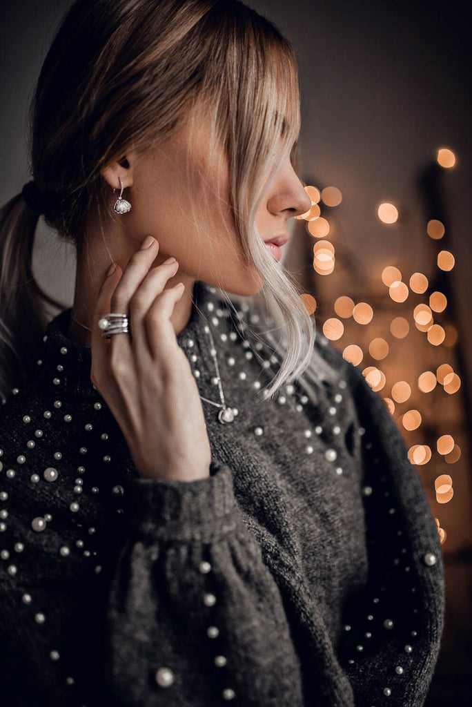 shiny shell pearl silver necklace earrings set