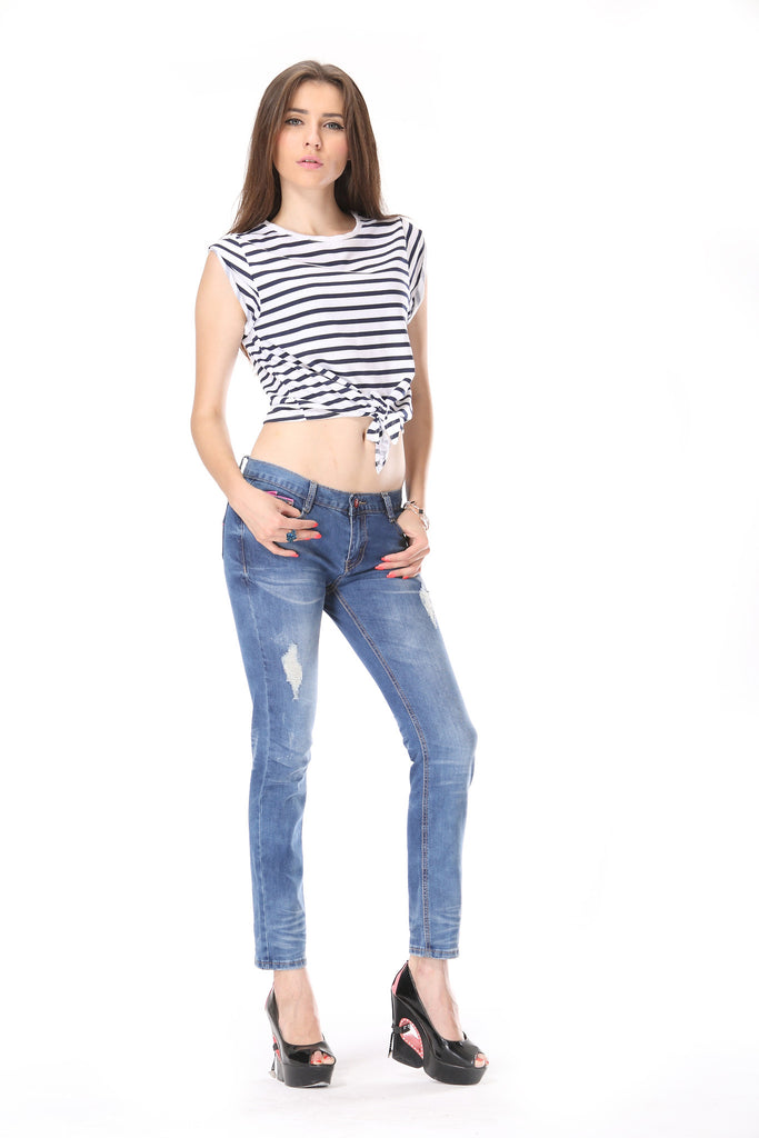 Blue destroy wash denim