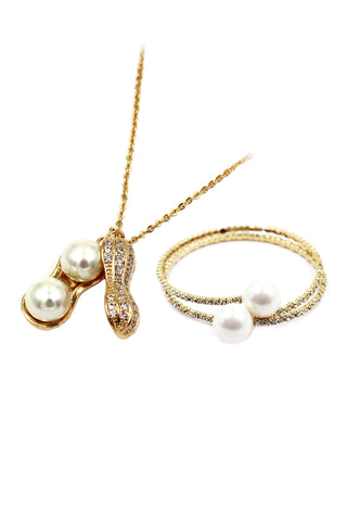 Silver pearl little crystal necklace earrings set