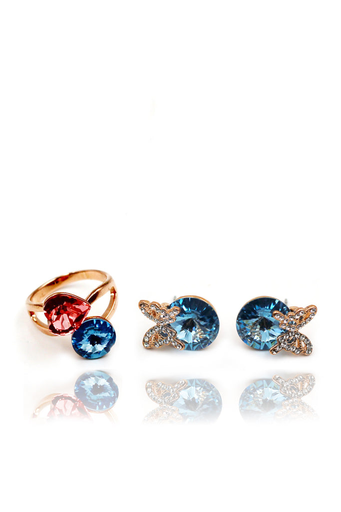 Silver Butterfly Crystal Earrings Ring Set