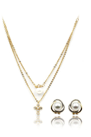 double chain pearl earring necklace set