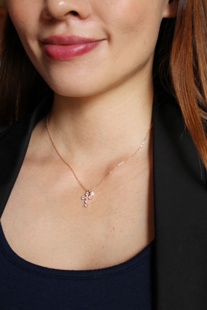 mini cross crystal and pearl rose gold necklace