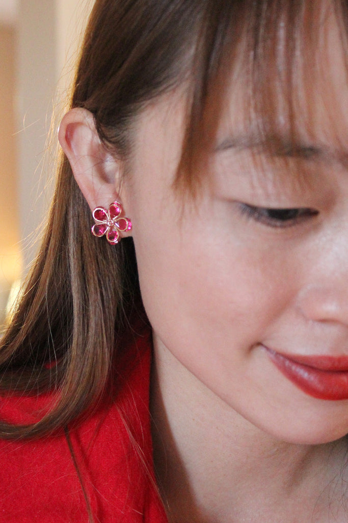 Sweet pink flowers crystal earring