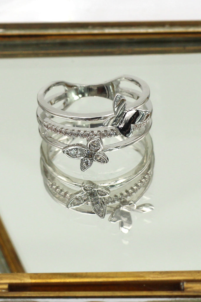 lovely micro small crystal butterfly silver ring