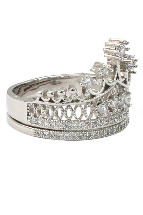 elegant crystal crown double silver ring