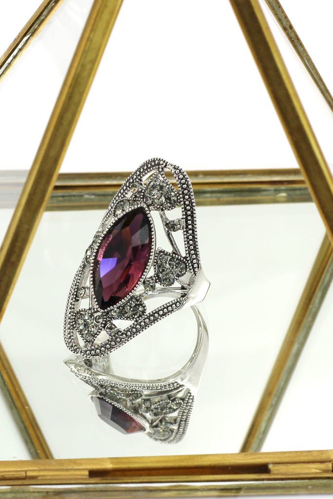 elegant red crystal oval silver ring