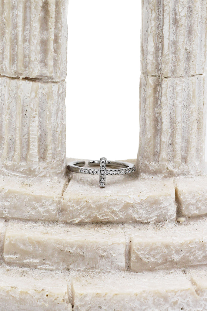 Elegant crystal cross open silver ring