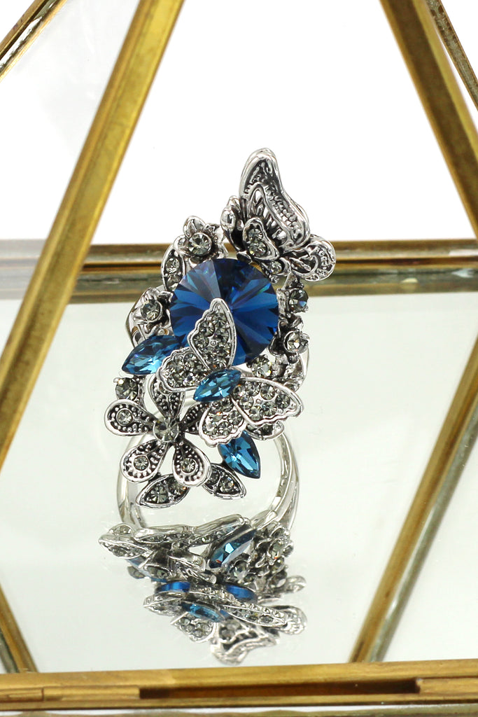 elegant crystal butterfly and flower ring