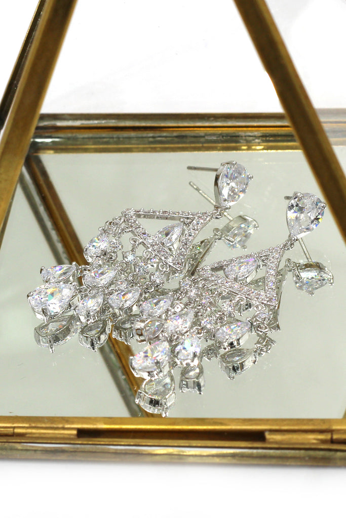 shining triangle crystal pendant silver earrings