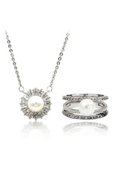 fashion pearl crystal ring necklace set