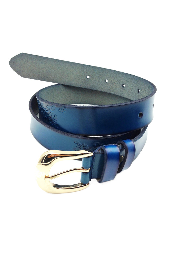 Gold BuckleTattoos blue leather belt