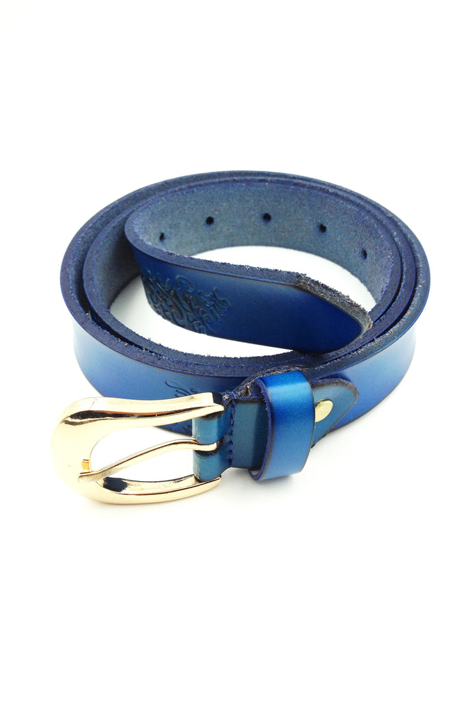 Gold BuckleTattoos blue leather belt