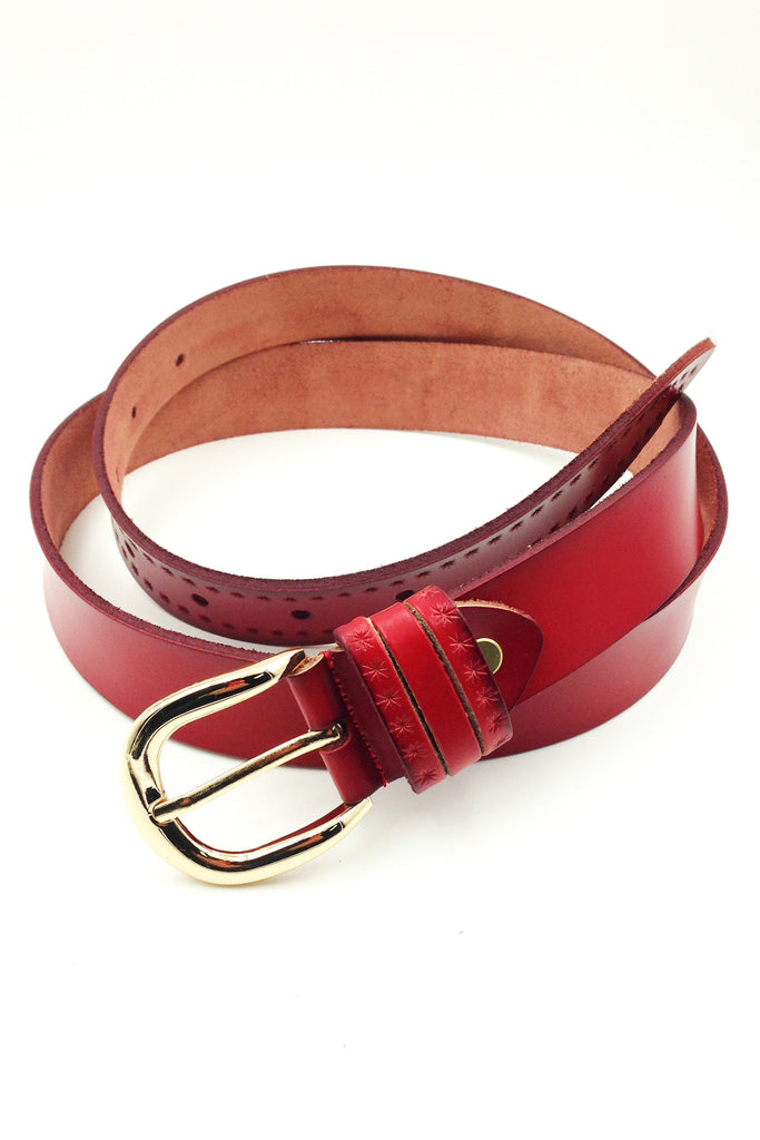 gold buckle mini stars red leather belts