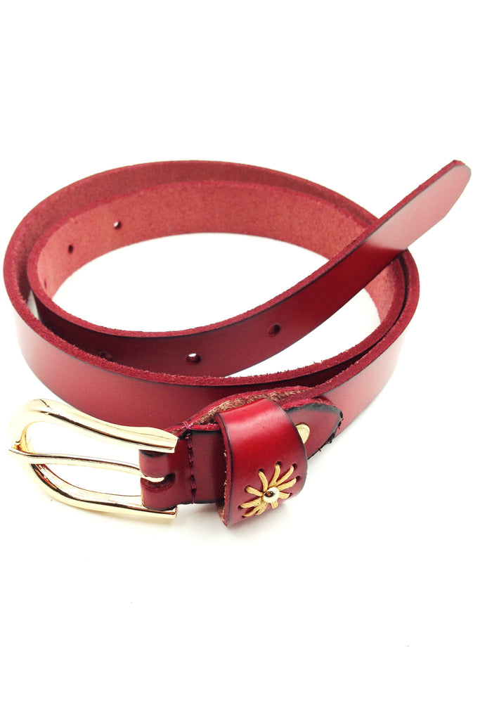 gold buckle single flower leather belt