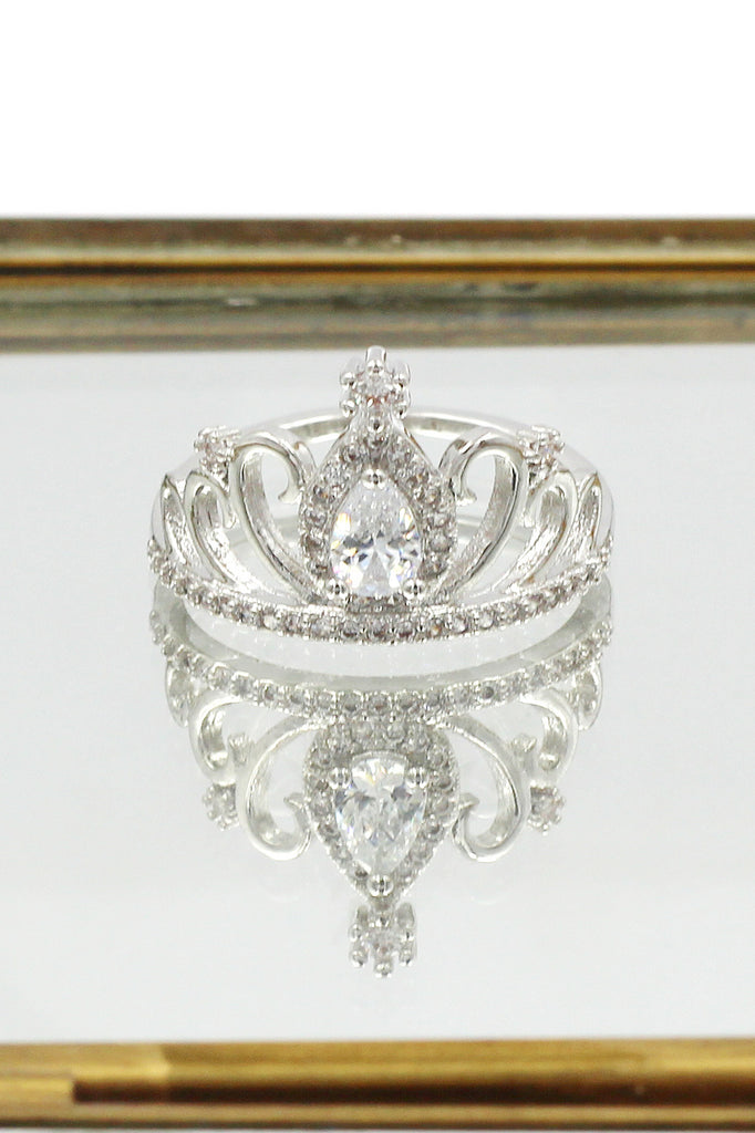 silver noble crown crystal ring