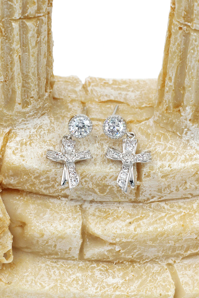 fashion ribbon cross crystal pendant earrings
