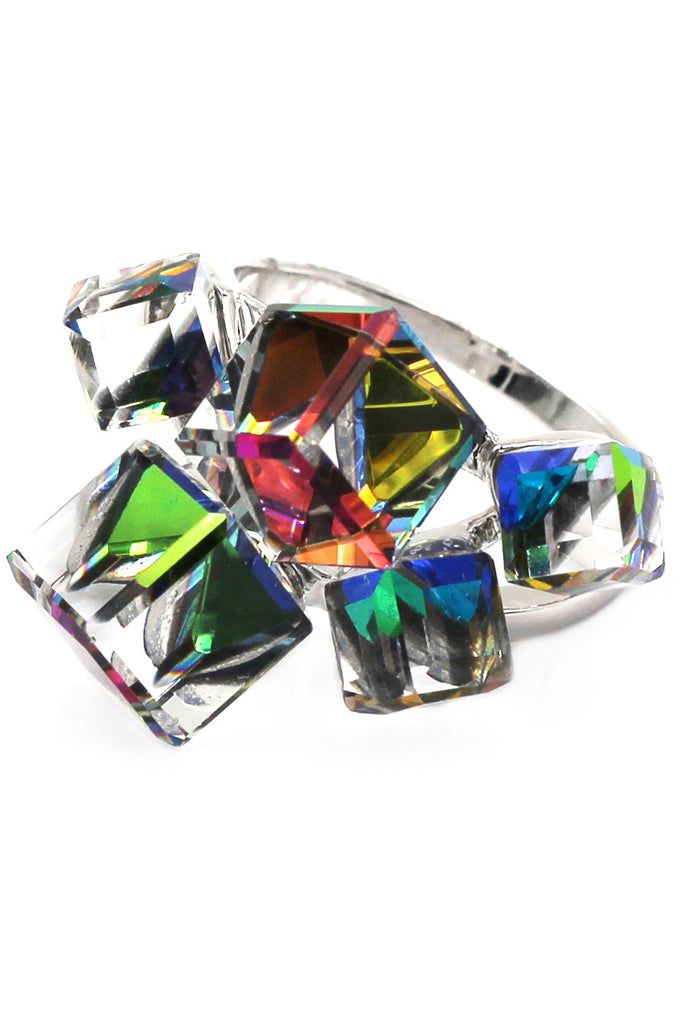 multi-color square crystal silver ring