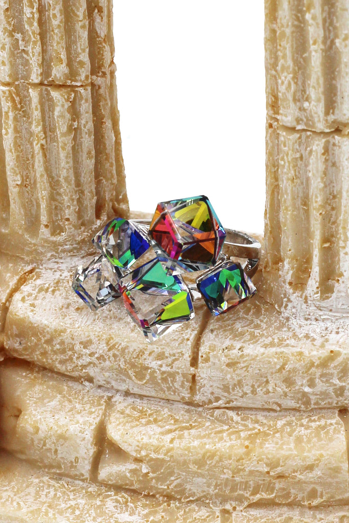 multi-color square crystal silver ring