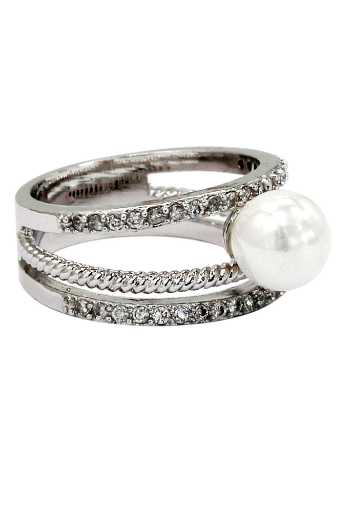 fashion loop small crystal and peal silver ring