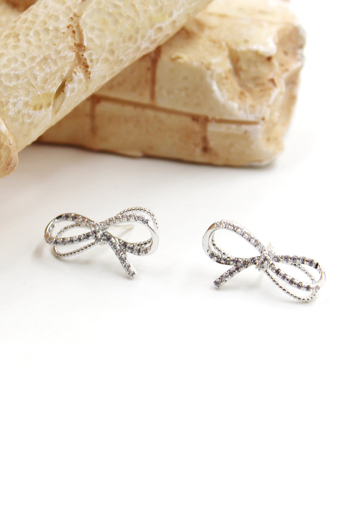 silver crystal bow earrings