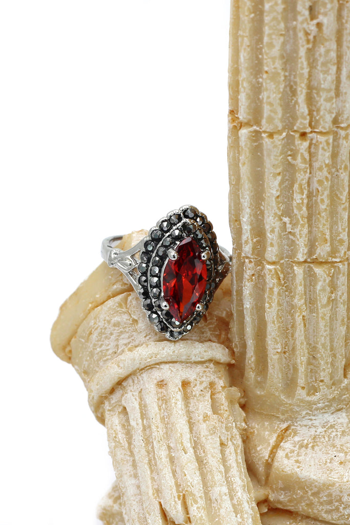 current red crystal silver ring