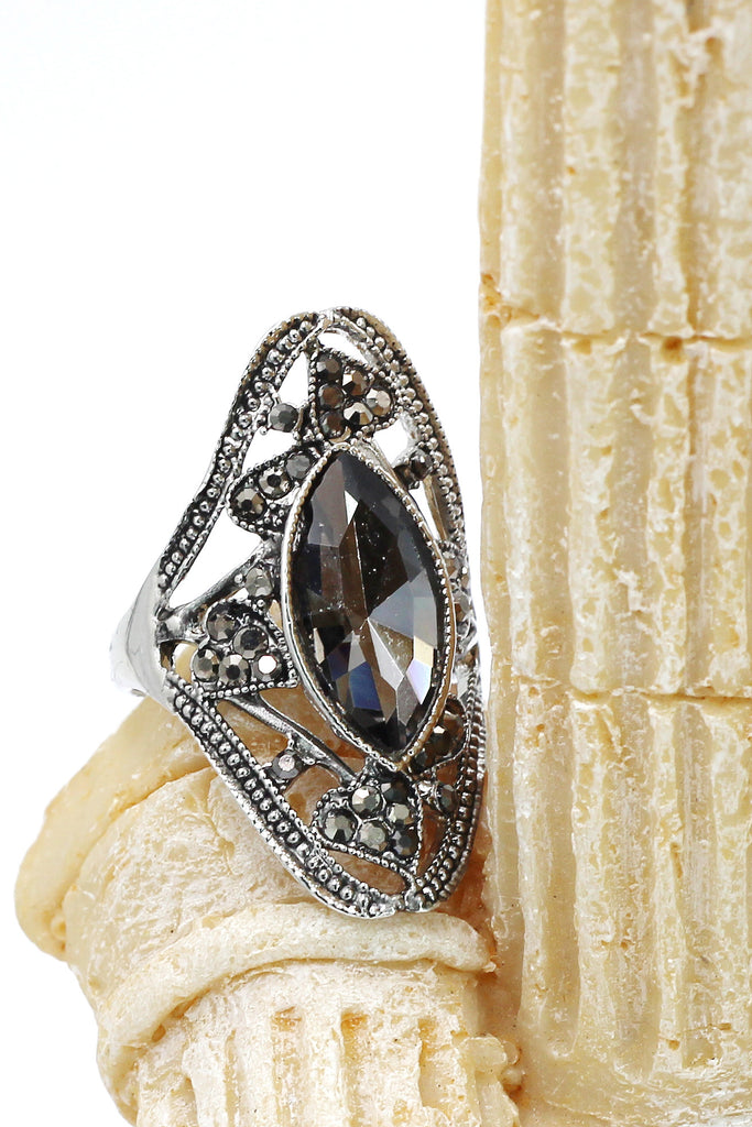 black crystal silver ring