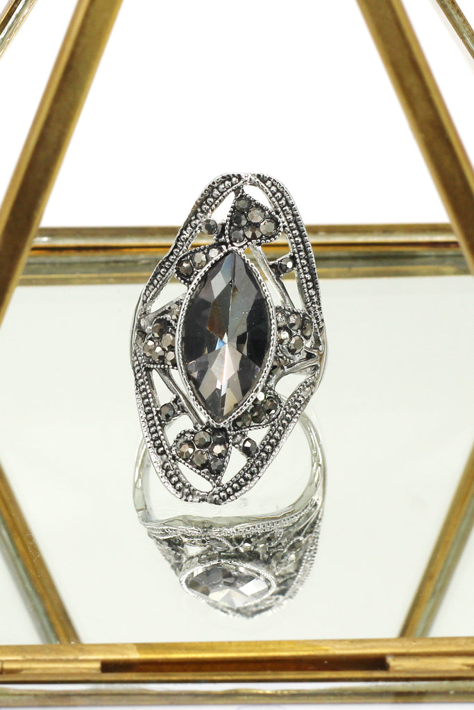 black crystal silver ring