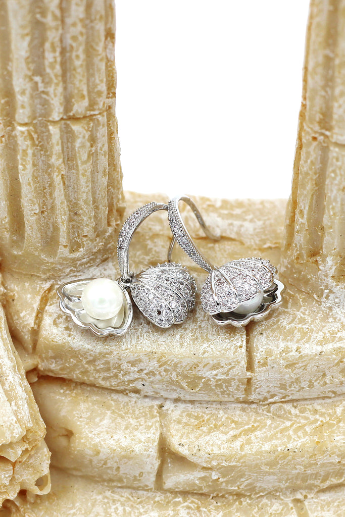 silver shell drop earrings