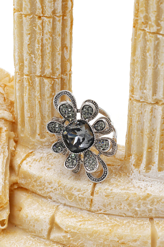 silver gray crystal flower ring