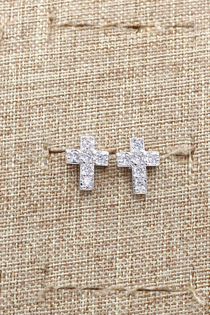 silver mini cross crystal earrings