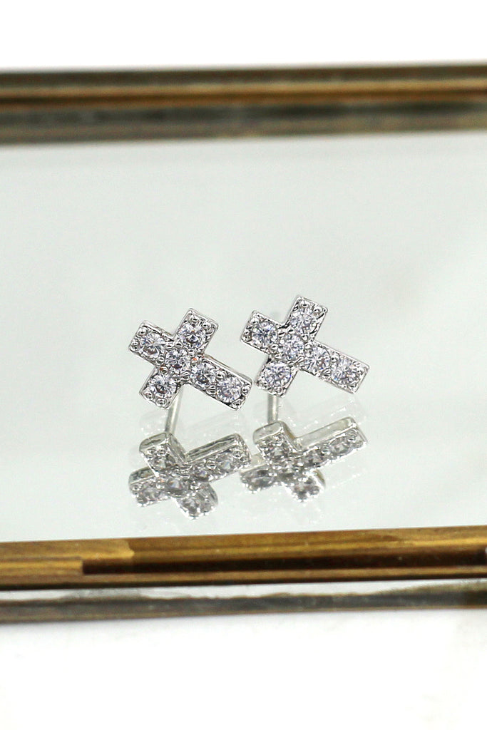 silver mini cross crystal earrings