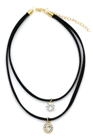 fashion double-chain crystal and flower pendant black choker