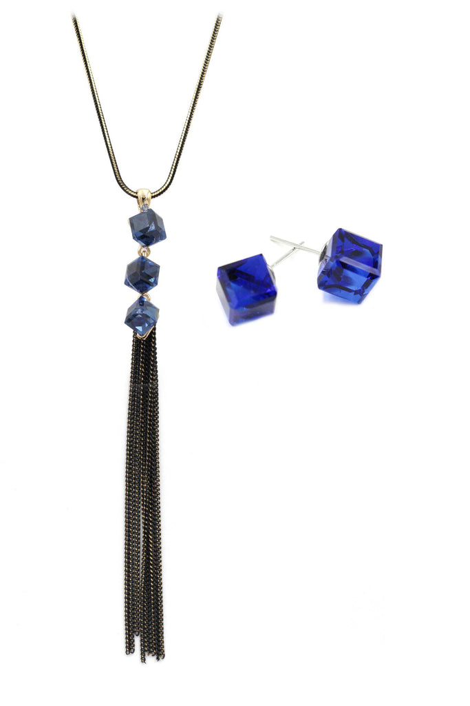 purple square crystal tassel necklace earring set