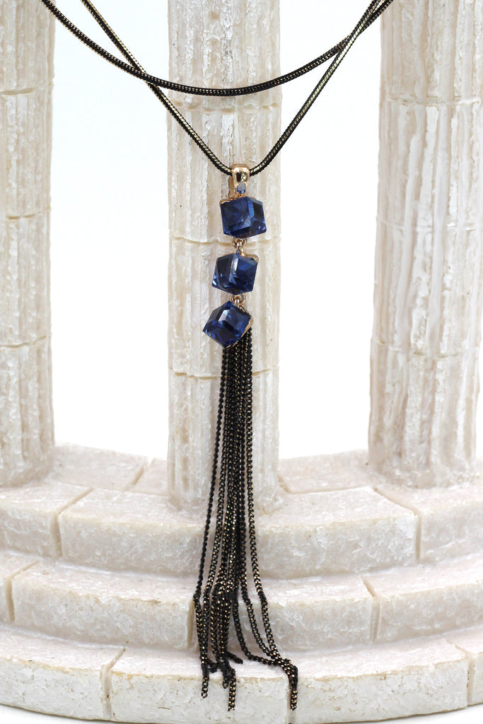fashion square blue crystal tassel necklace