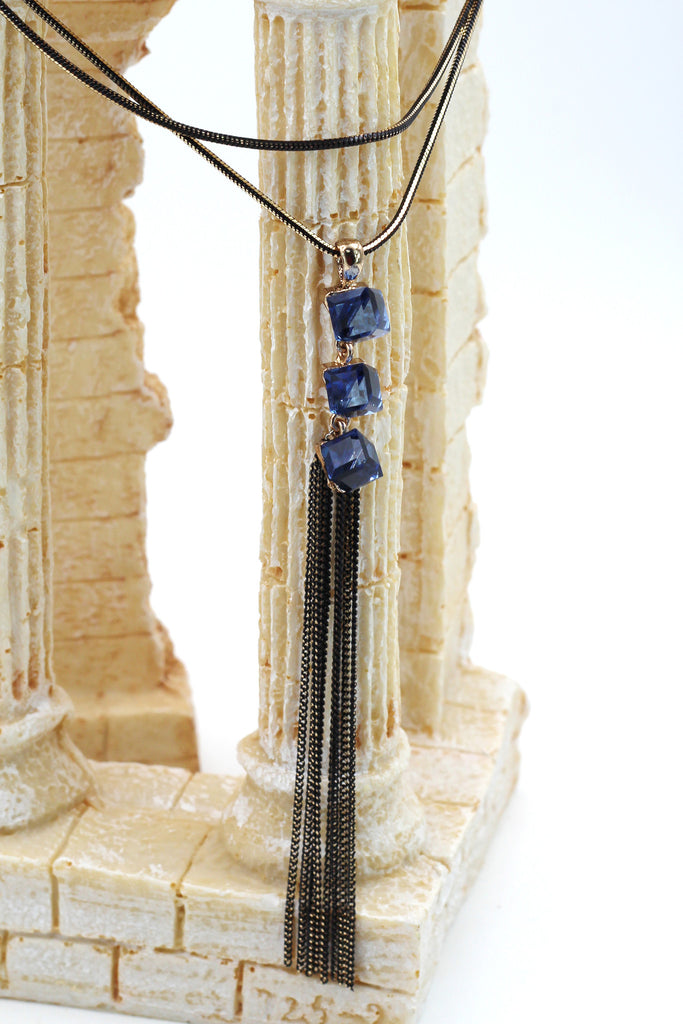 fashion square blue crystal tassel necklace