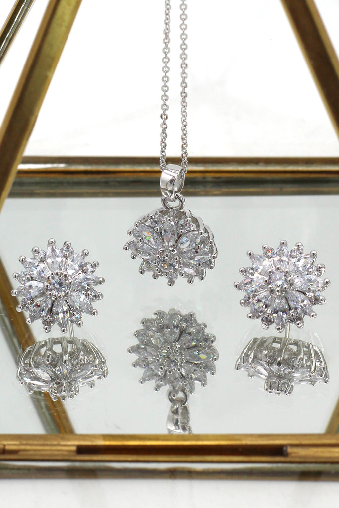 Shining crystal sun flower necklace earrings ring set