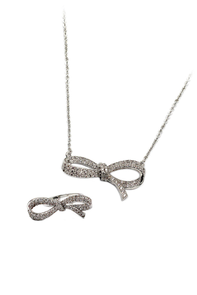 Fashion crystal ribbon knot silver necklace rings set