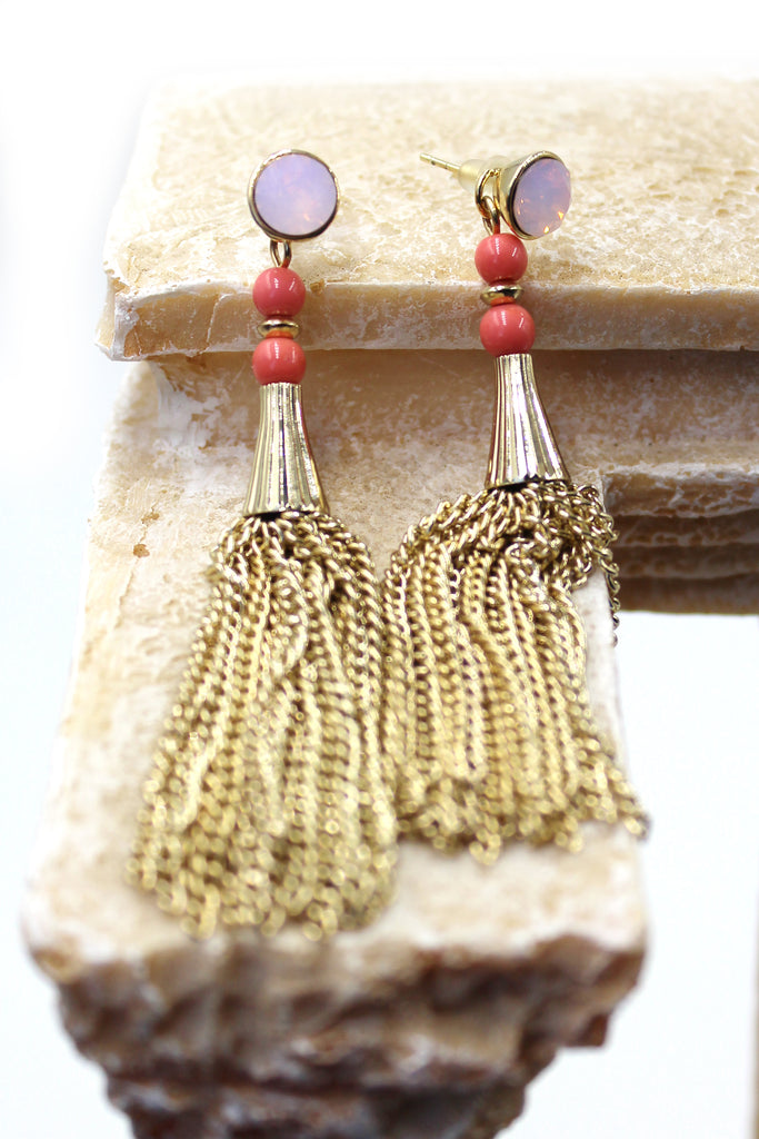 pink crystal tassel earrings
