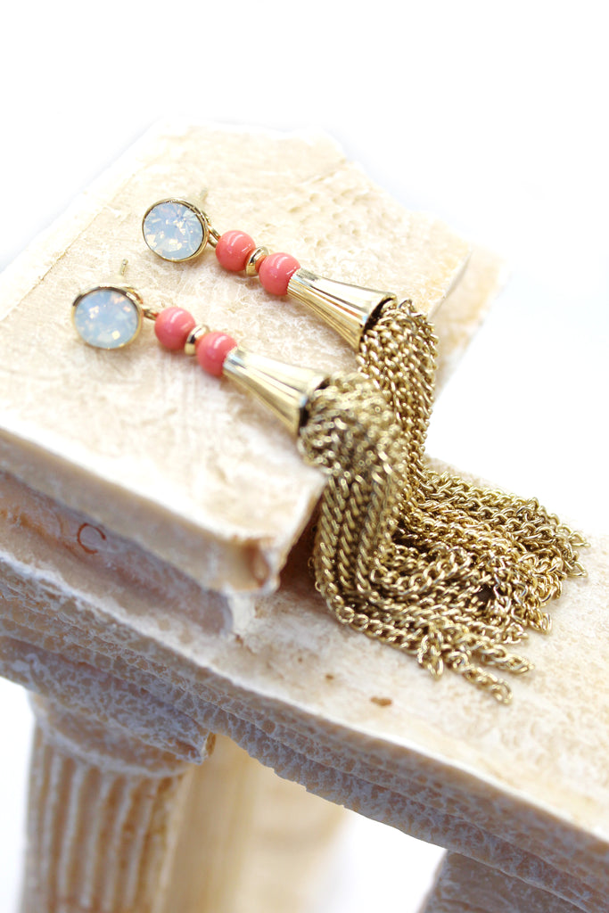 pink crystal tassel earrings